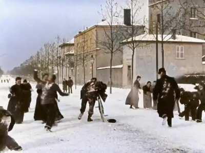 Snowball fight 124 years ago. Lyon, France, 1896. Colorized and speed adjusted. Original in black and white by Louis Lumiere.