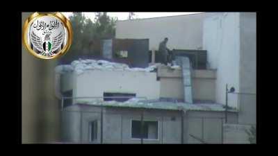 FSA 1st Brigade sniper engages an SAA Recoilless team as they set up their weapon - Damascus - 9/12/2013