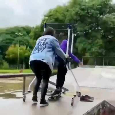 Son with cerebral palsy wanted to skateboard. His mom invents a machine to help him do so. His joy at the end!