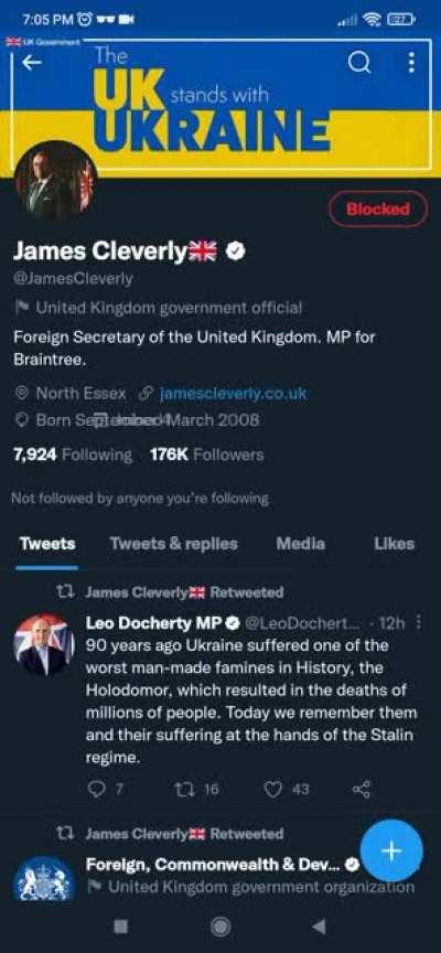 James Cleverly (foreign secretary secretary of the UK and MP) follows circumsexual on twitter