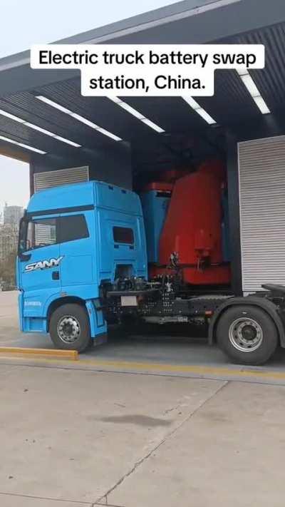 Electric truck swapping its battery. It takes too long to recharge the batteries, so theyre simply swapped to save time 