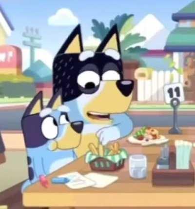 Bluey getting her fry stolen by Bandit is the best 😭💙