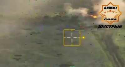 Ukrainian tank destroyed, and ammo cook off occurs located by Ivanivske  48.55096, 37.92212