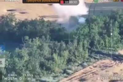 A Ukrainian FPV pilot attacks a Russian &quot;Tiger-M&quot; armored vehicle fitted with an anti-drone cage near Novoaleksandrovka, Donetsk Oblast.