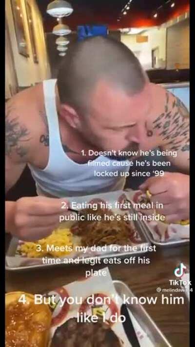 Man eats his first meal in public after being locked up since ‘99