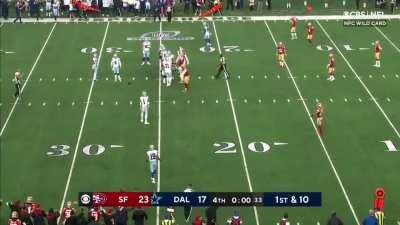 With 13 seconds left, no timeouts left and in position for a Hail Mary pass, Cowboys quarterback runs the ball in the middle of the field instead. The Cowboys can't get set in time for another play, the clock runs out and the Cowboys season comes to an en