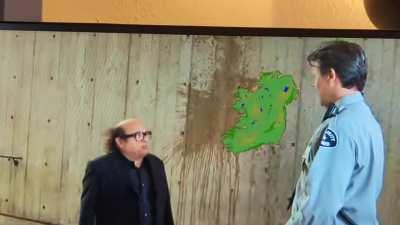 In S07E12 The High School Reunion, when Charlie smashed up his beer it makes the shape of Ireland on the wall