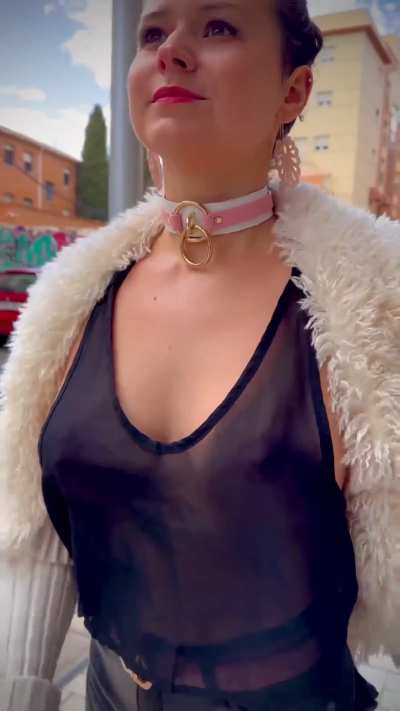 Braless in public wearing a very see through top for all to see… and loving it!