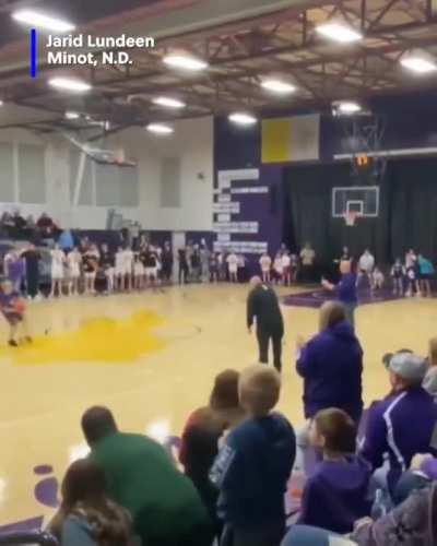 Jarid Lundeen, a 7th-grader from Minot, North Dakota needs to make a layup, a free-throw, a three pointer, and a half-court shot in under 25 seconds to win $10,000