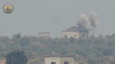 NLF ATGM strike on a small group of Syrian Army fighters standing outside of their rooftop bunker - al-Tah, Idlib - 2020