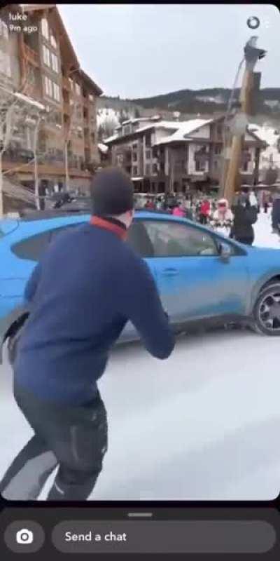 Main Character driving through a crowd because they couldn’t be bothered to walk. 