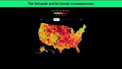 [OC] As the pandemic stretches into its 9th month, people’s attitudes toward COVID have relaxed. We animated real-time, COVID data to visualize the latest COVID’s surge spread through the U.S. from September 2020.