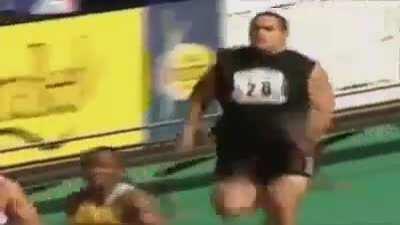 A Samoan shot putter, Trevor ‘The Tortoise’ had to run the 100m race after his teammate had to drop out