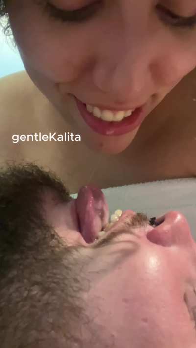 A good boy getting his reward: the opportunity to taste his Goddess mouth and saliva