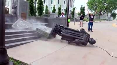 Breaking News (literally): Protesters have toppled the Christopher Columbus statue at the Minnesota State Capitol