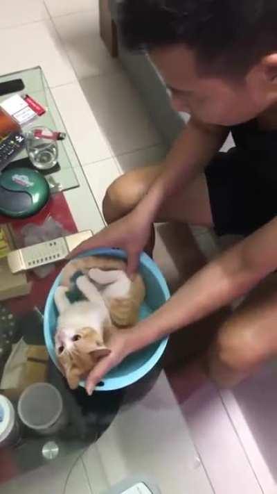 Grandpa demonstrates how to bath a baby with a very cute volunteer.