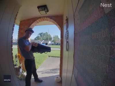 Squirrel launches itself inside of a home during a pizza delivery