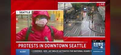 After talking poorly about the events in Seattle Wa that happened today the local news station(Sinclair owned) tried to pick out a what looks like peaceful protestor who would be against the damage/looting and try baiting him into questions and he drops t