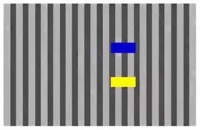 Are the blue and yellow rectangles moving together or alternatively? Watch closely as the background turns grey.