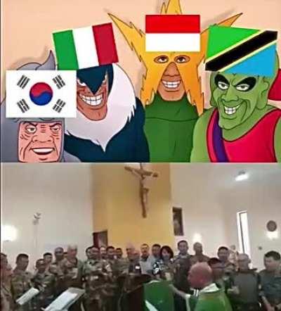 One of the weirdest collab……. Korean, Italian, Indonesian and Tanzanian soldiers in church singing an Indonesian christian song