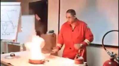 Firefighter demonstrates the safe way to put out a grease fire with no extinguisher.