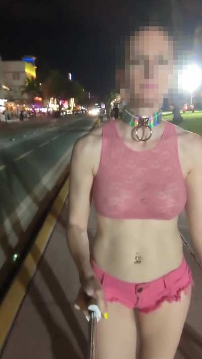 A very public walk with a submissive collar, a sheer crop top, and micro shorts.