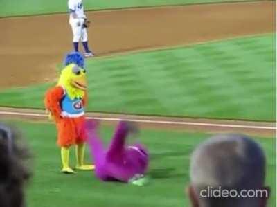 Since this sub does not allow social media related content. Here is the Barney slaying the chicken VIDEO ONLY for your amusement.