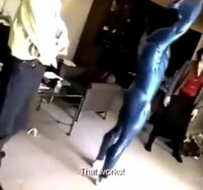 Nicolas Cage testing the Superman costume for Tim Burton’s canceled movie Superman Lives, 1997