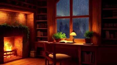 Cozy study nook with rain and fireplace 🌧️