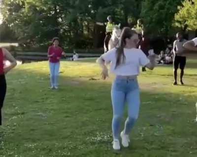 Dutch police joining an outside Salsa lesson by horse in the Netherlands