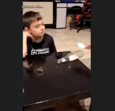 Son challenges dad for money. You have to get the money without the bottle falling, whoever makes it also gets to keep the money.