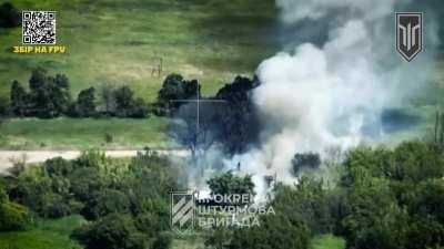 Ukrainian drone drops munition on a house that is used as an ammo dup ( kharkiv region )