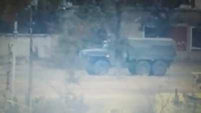 Ukrainian forces destroy a Russian military vehicle using an ATGM in occupied Rubizhne, Ukraine. May 2022