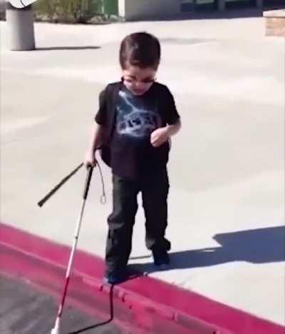 Blind Kid experience his first curb by himself while his Parents Motivate him!