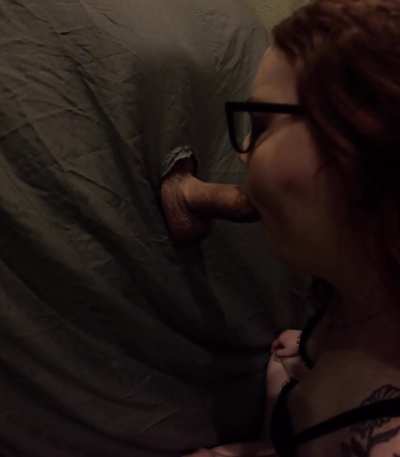 Worshipping hubby’s cock thru our at home gloryhole pt2