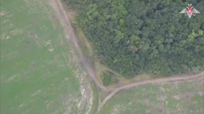 A Russian Lancet fails to destroy a Ukrainian Stryker by hitting trees beside it. Kursk Region - August 2024