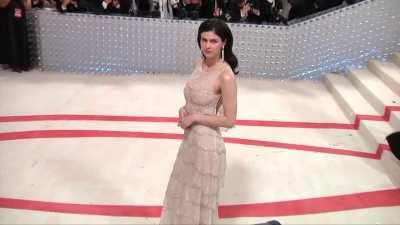 Alexandra Daddario semi-sheer dress GIF (2023 Met Gala)