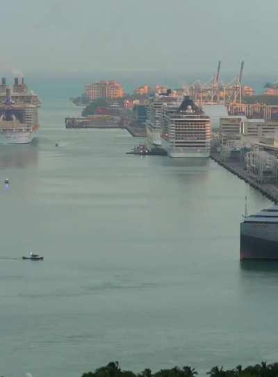 Cruise ships leaving port Miami on a regular Sunday. Port Miami is the busiest cruise port in the world. Between October 2022 and September 2023, it handled a record number of 7.3 million passengers. Nearly seven percent above the previous record set in 2