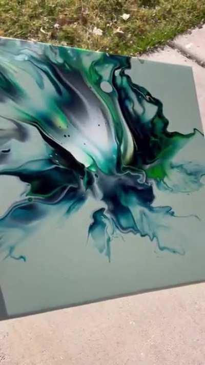 “Preservation” - 12x12in. I LOVE how these colors go together. This fluid painting reminds me of all the elements of nature, hope you enjoyed this video edit I made! This SOLD within an hour of posting on insta! 💚💙 so thankful 🙏🏼