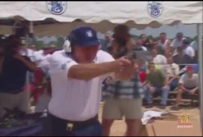 Quick-draw master, Jerry Miculek firing 12 shots, six initially and six after reloading, in less than 3 seconds !