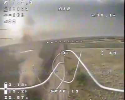 A Russian supply vehicle is getting chased by a Ukrainian FPV quad, before the drone hits the truck the driver loses control and crashes.