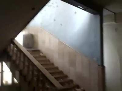 Early-war Ghuraba al-Sham fighters trade fire in a stairwell with Syrian Army soldiers trapped upstairs - Ras al-Ain - 2012