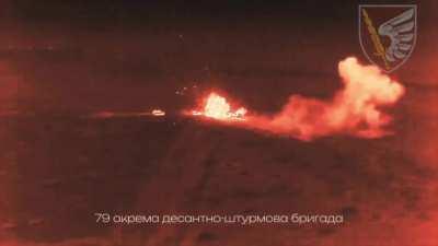 Russian armored column approaching Novomykhailivka is hit by Ukraine's 79th Brigade (79 DShB), shown in thermal view. Feb. 24, 2024 post, sfx from source