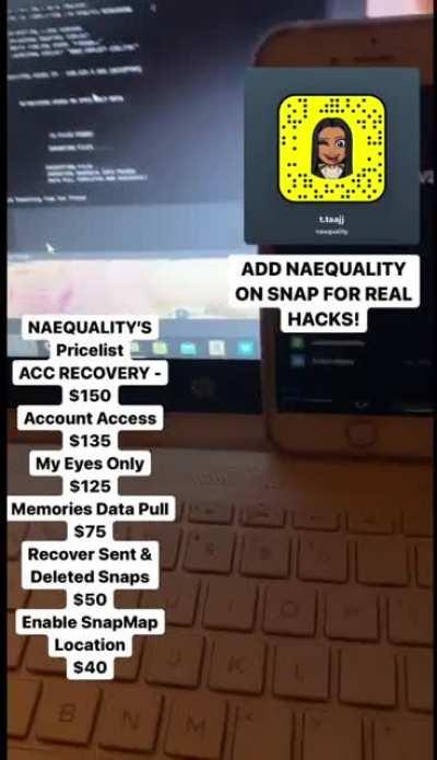 Hit @naequality on Snapchat to order account access, account recovery, my eyes only, memories data pull, recover sent & deleted snaps & more!