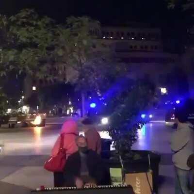 Curfew in Barcelona last night. The juxtaposition of the man on the piano playing “Eternal Flame” by The Bangles and the scene unfolding behind them is quite something.