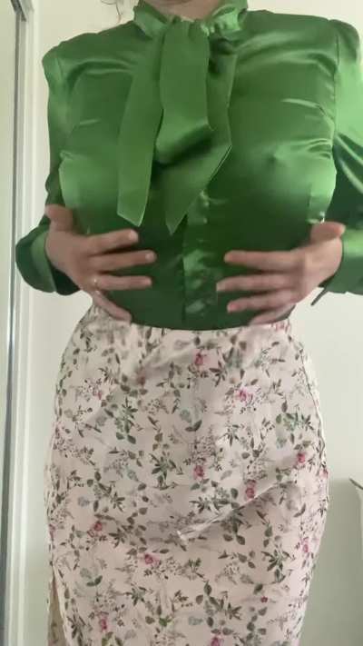 More of your favorite Satin Fetish Wife feeling herself up in a beautiful Hawes &amp;amp; Curtis blouse available on our OnlyFans 💕