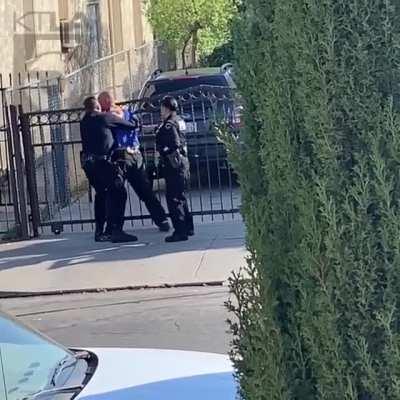 [05/06/2020] LAPD officer starts beating on an already-detained man, accompanying officer stands aside before intervening