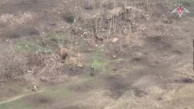 Bird's-eye view of Russian assault on Ukrainian positions near Robotyne on the Zaporizhzhia Front. Soldiers of the Southern Military District attacked a stronghold of the Ukrainian Armed Forces by suppressing firing points with drones and then attacking w