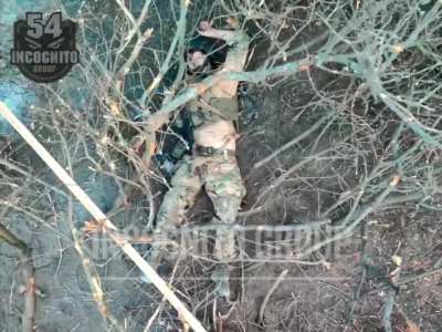 Incognito Group spots an occupier running with a Russian flag that noticed the surveillance drone and acts dead. Shortly after he gets killed.