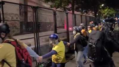 Wall of Moms in Portland forming a human chain to block projectile ammunition